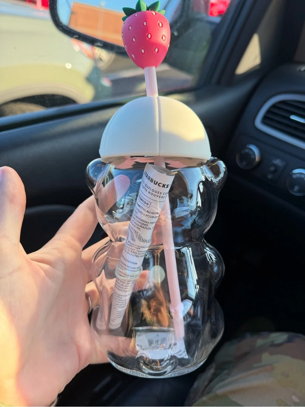 Starbucks Clear Bear Tumbler with Pink Straw and Strawberry Topper